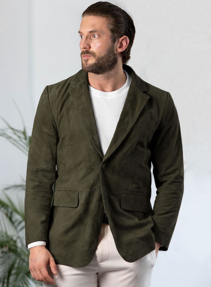 Olive Green Suede Leather Blazer - StudioSuits