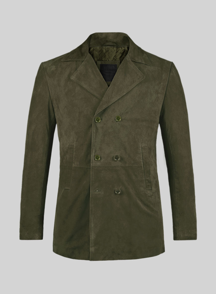 Olive Green Suede Leather Pea Coat - StudioSuits