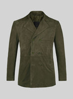 Olive Green Suede Leather Pea Coat - StudioSuits