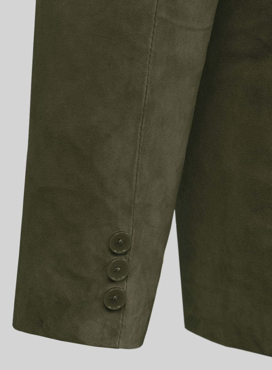 Olive Green Suede Leather Pea Coat - StudioSuits