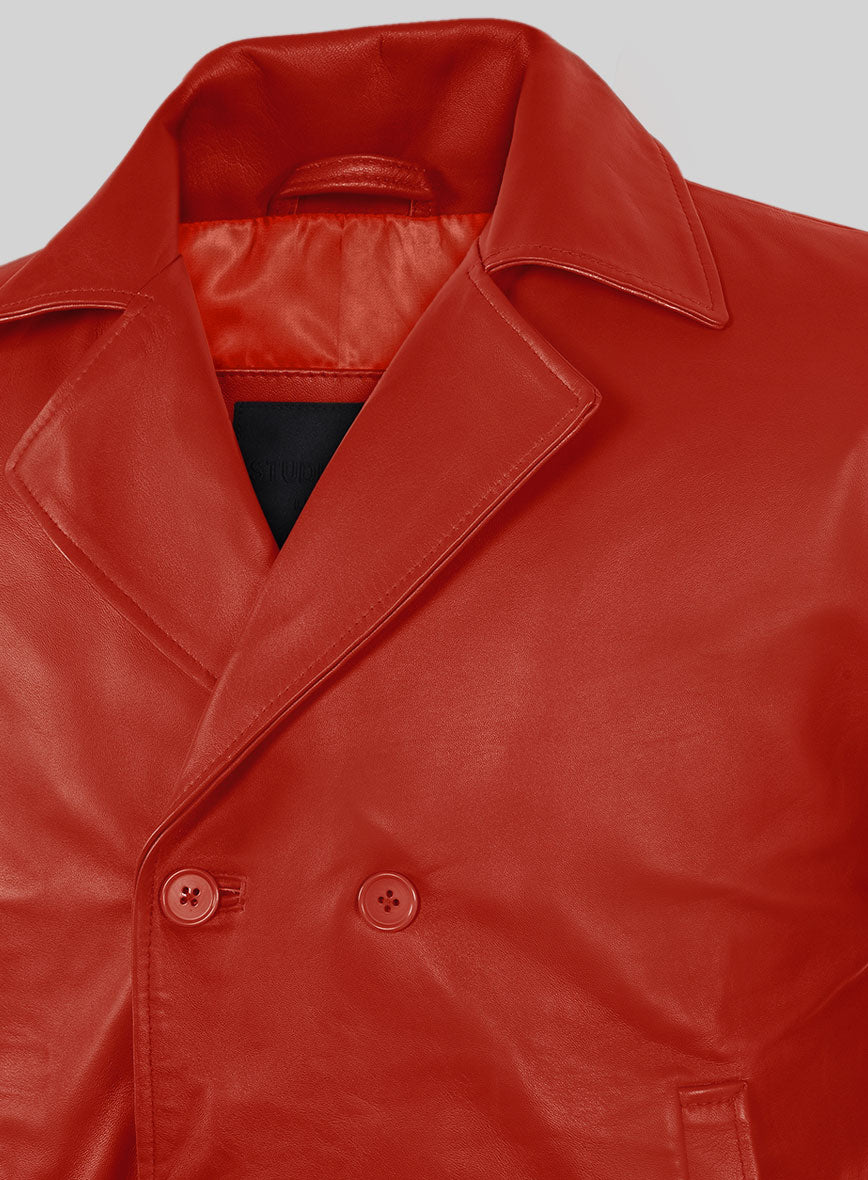 Red Leather Pea Coat - StudioSuits