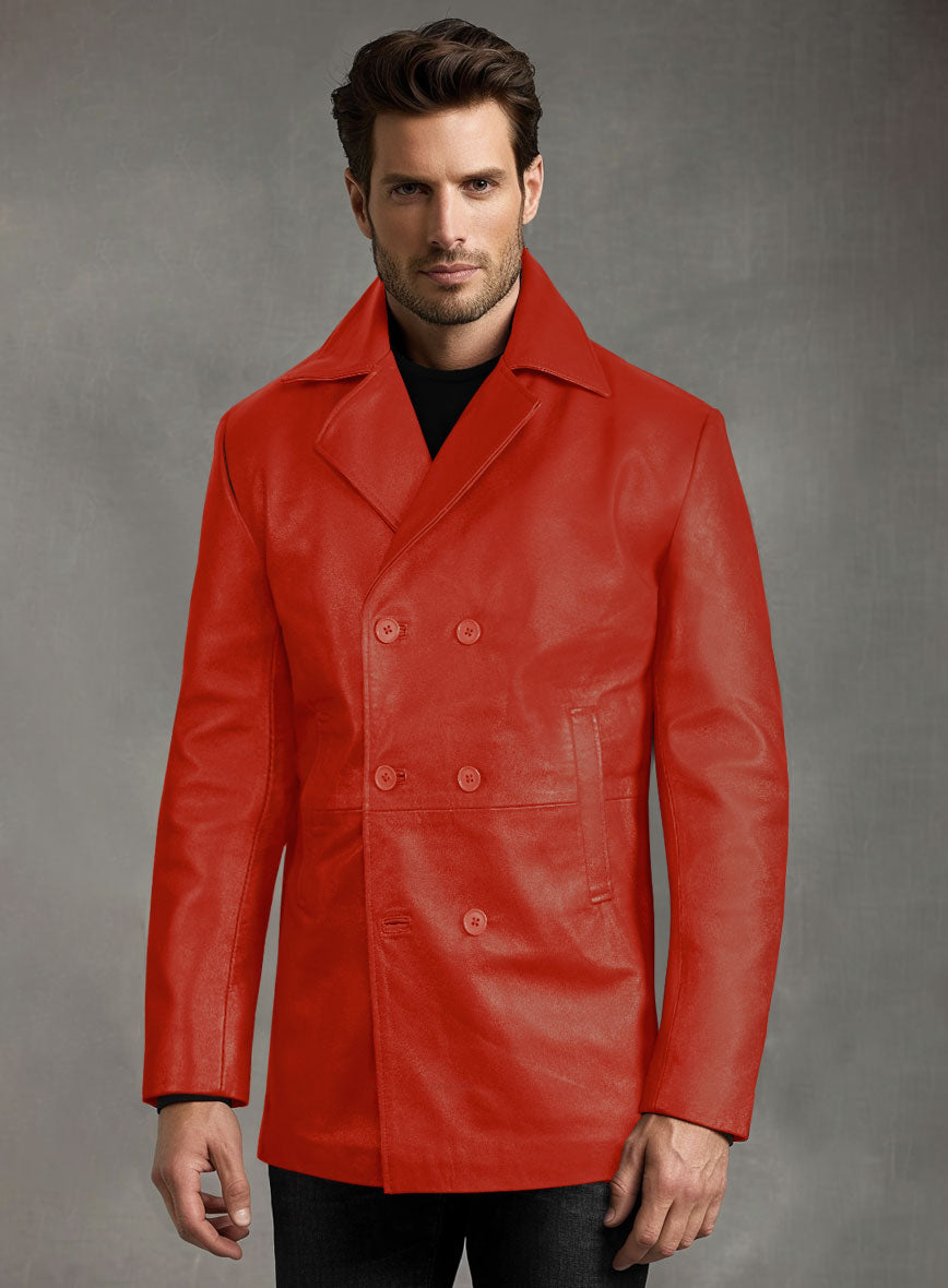 Red Leather Pea Coat - StudioSuits