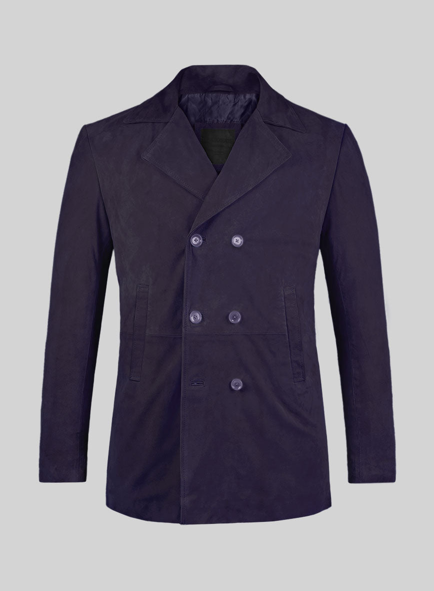 Royal Blue Suede Leather Pea Coat - StudioSuits