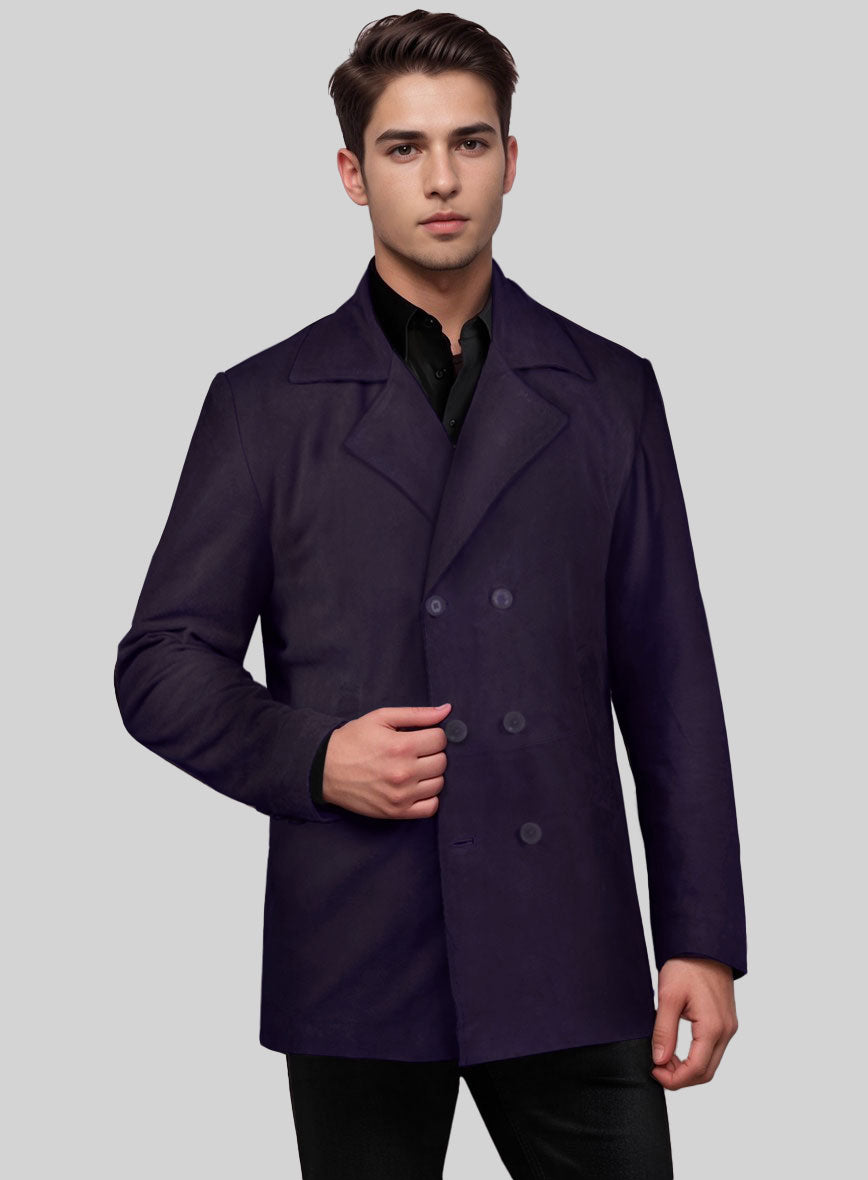 Royal Blue Suede Leather Pea Coat - StudioSuits