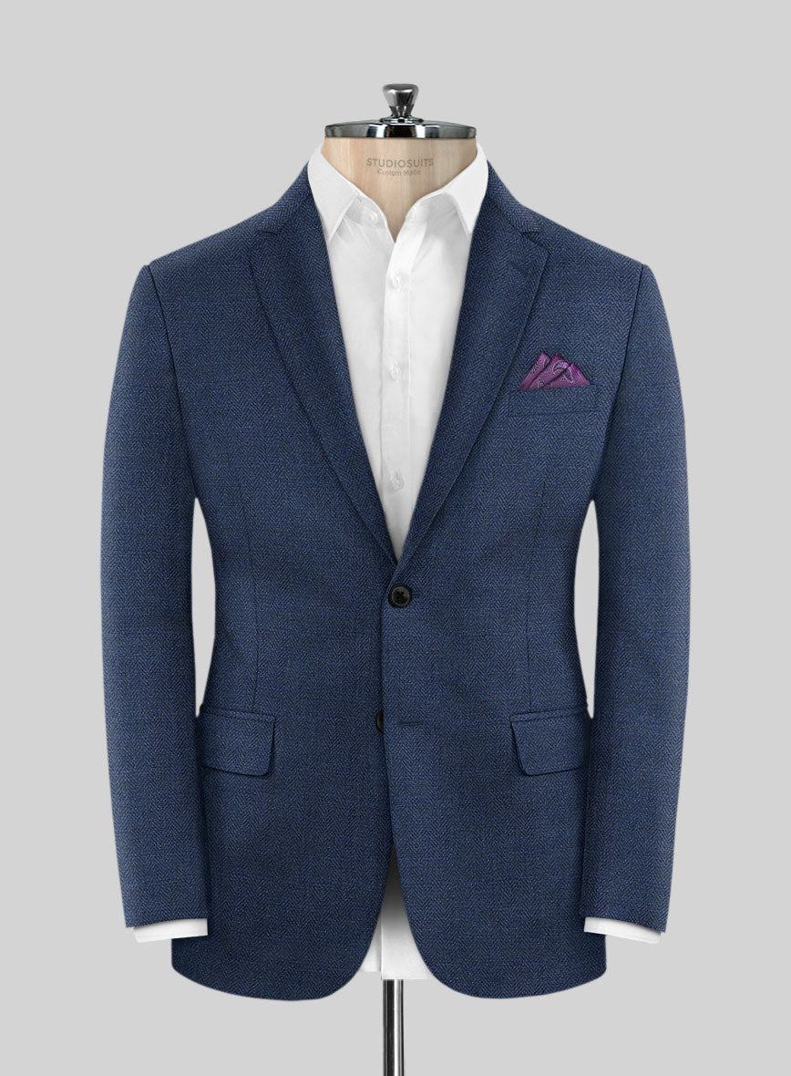 Scabal Cobalt Blue Herringbone Wool Jacket - StudioSuits