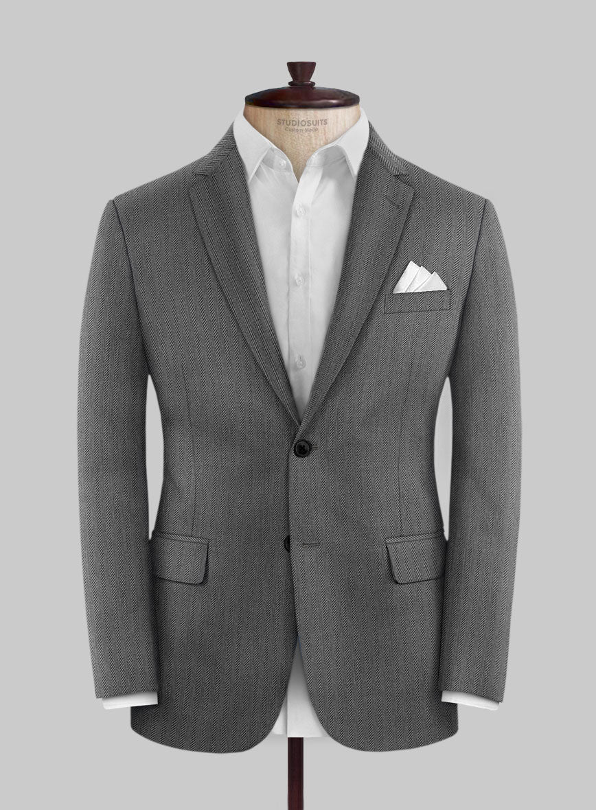 Scabal Tornado Herringbone Gray Wool Jacket - StudioSuits