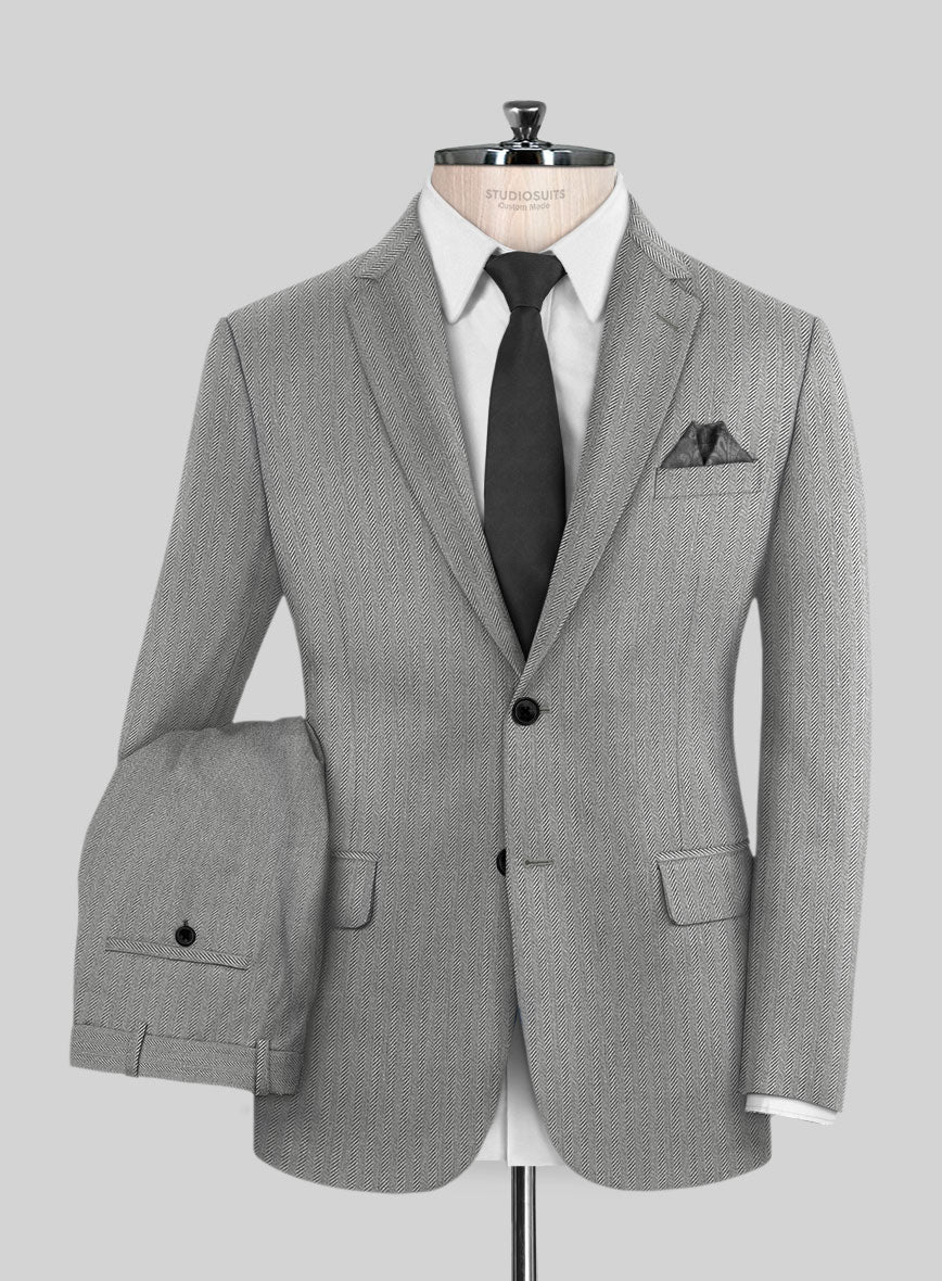 Scabal Tornado Herringbone Light Gray Wool Suit - StudioSuits