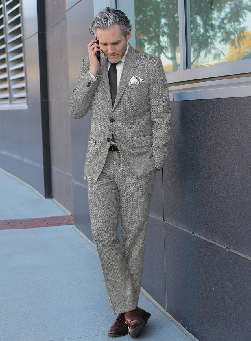 Scabal Tornado Herringbone Light Gray Wool Suit - StudioSuits