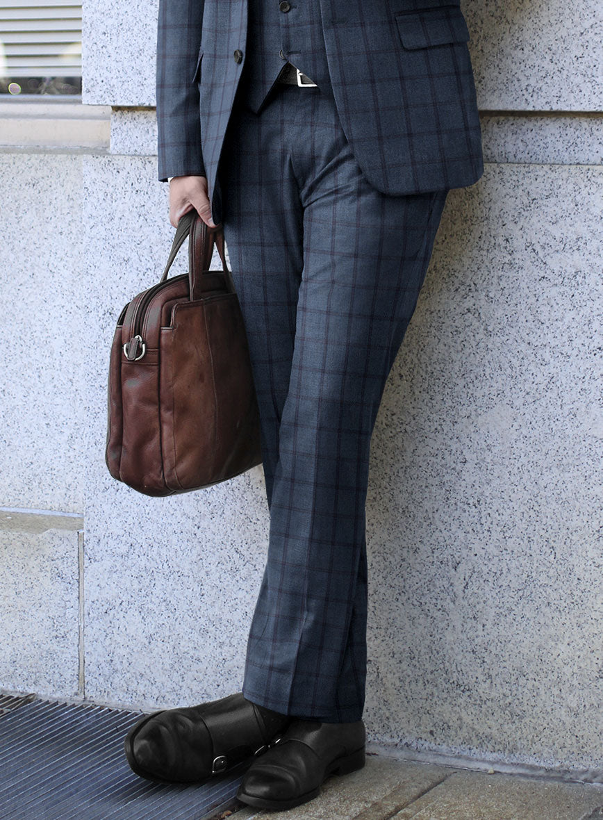 Scabal Tornado Windowpane Pacific Blue Wool Pants - StudioSuits