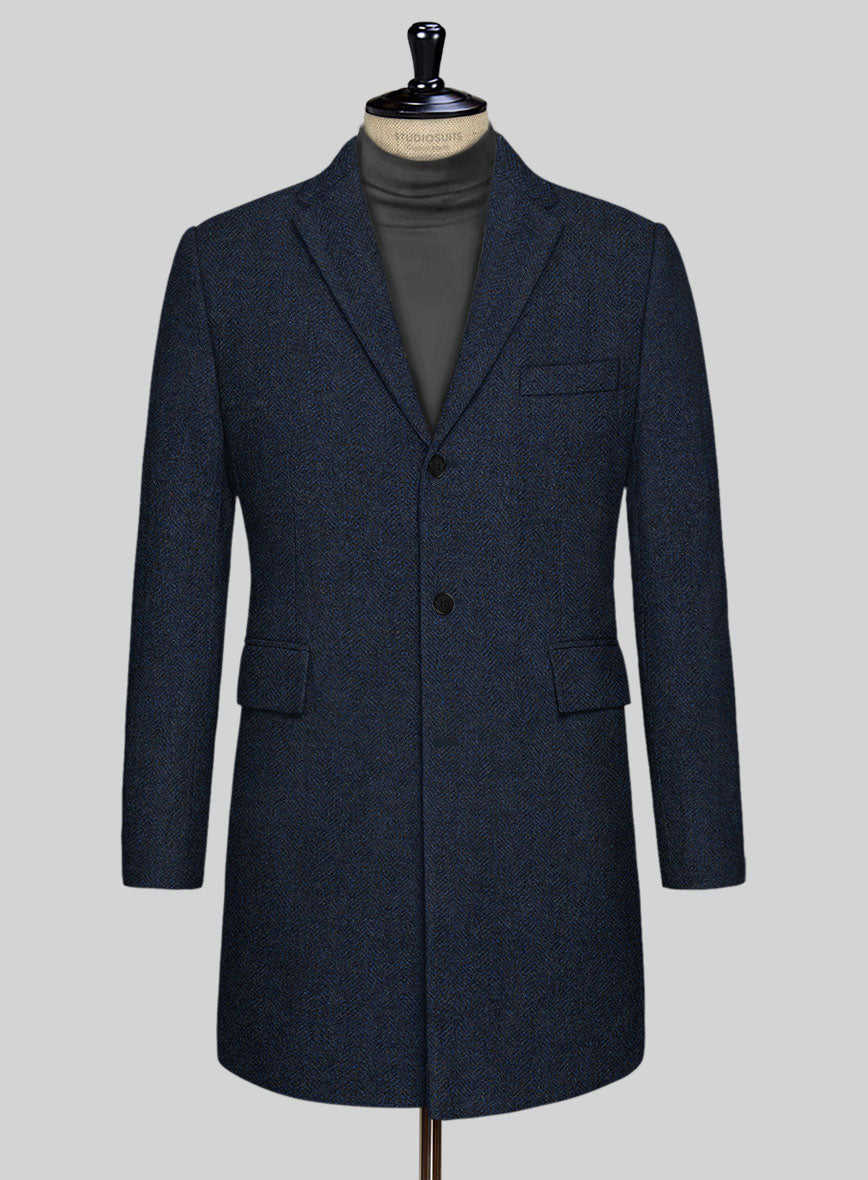 Showman Blue Herringbone Tweed Overcoat - StudioSuits