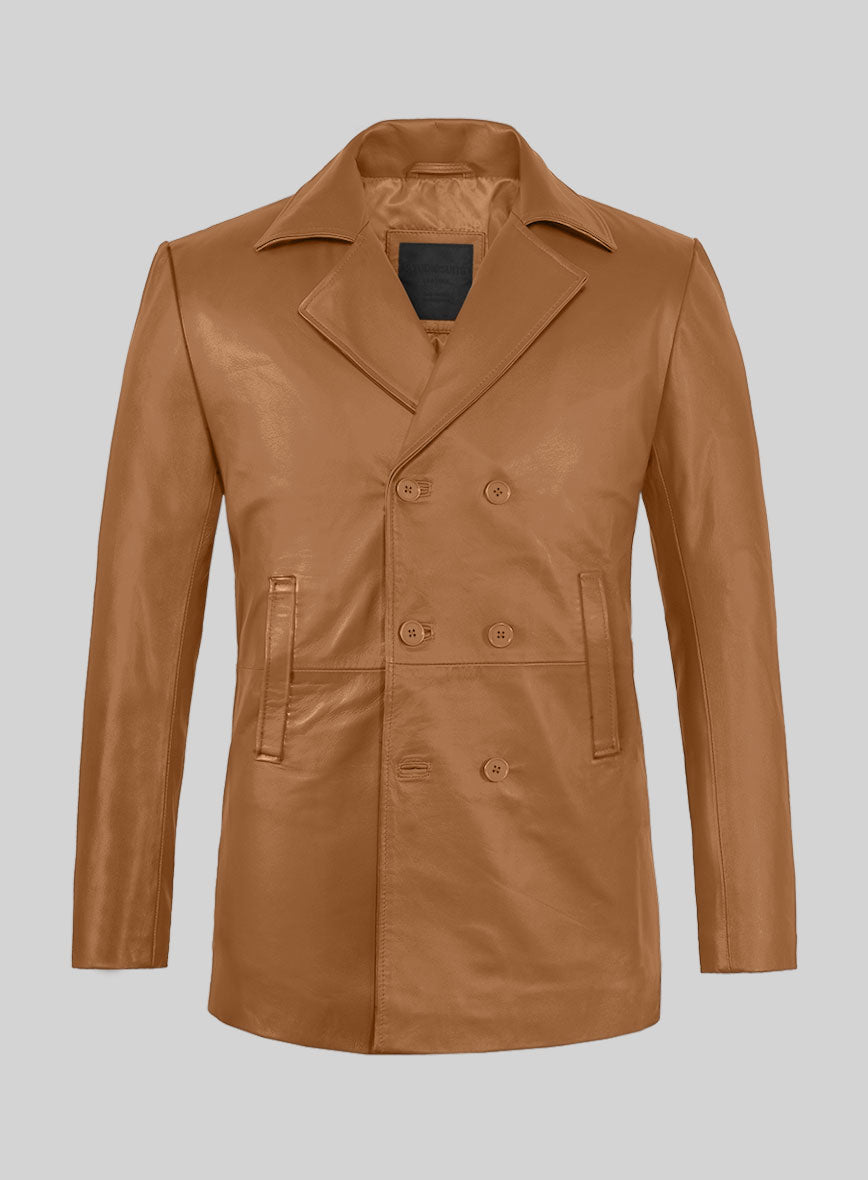 Soft Bella Brown Leather Pea Coat - StudioSuits