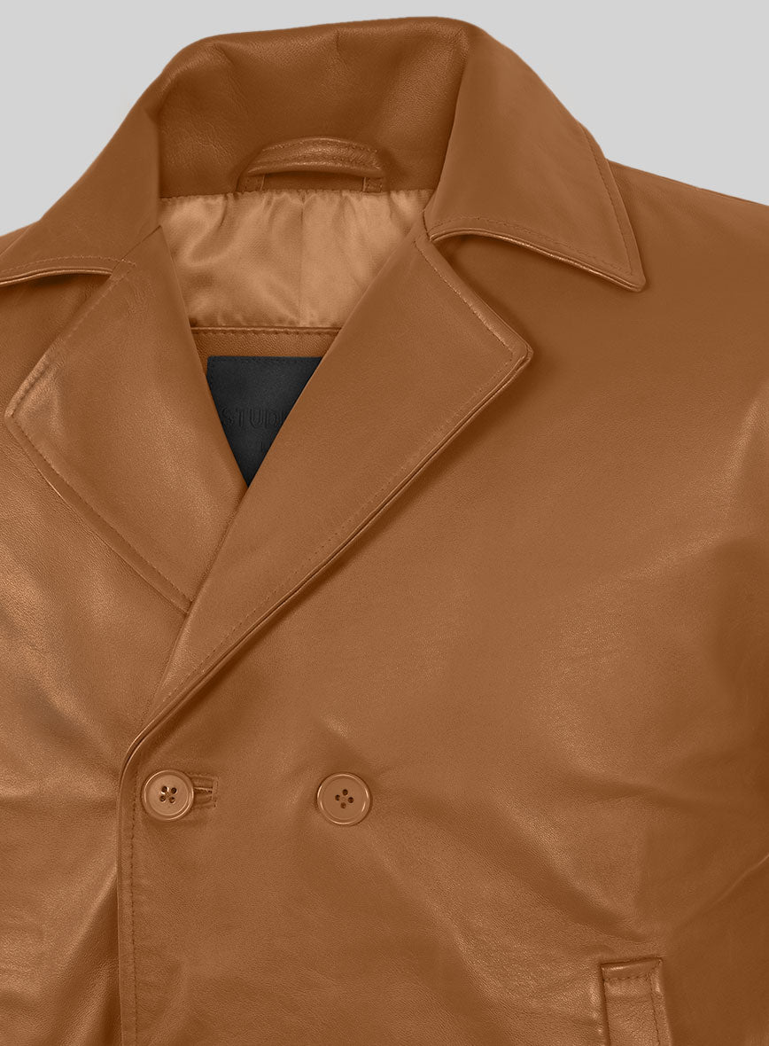 Soft Bella Brown Leather Pea Coat - StudioSuits