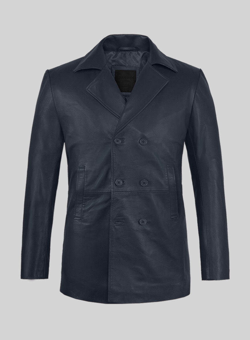 Soft Deep Blue Leather Pea Coat - StudioSuits