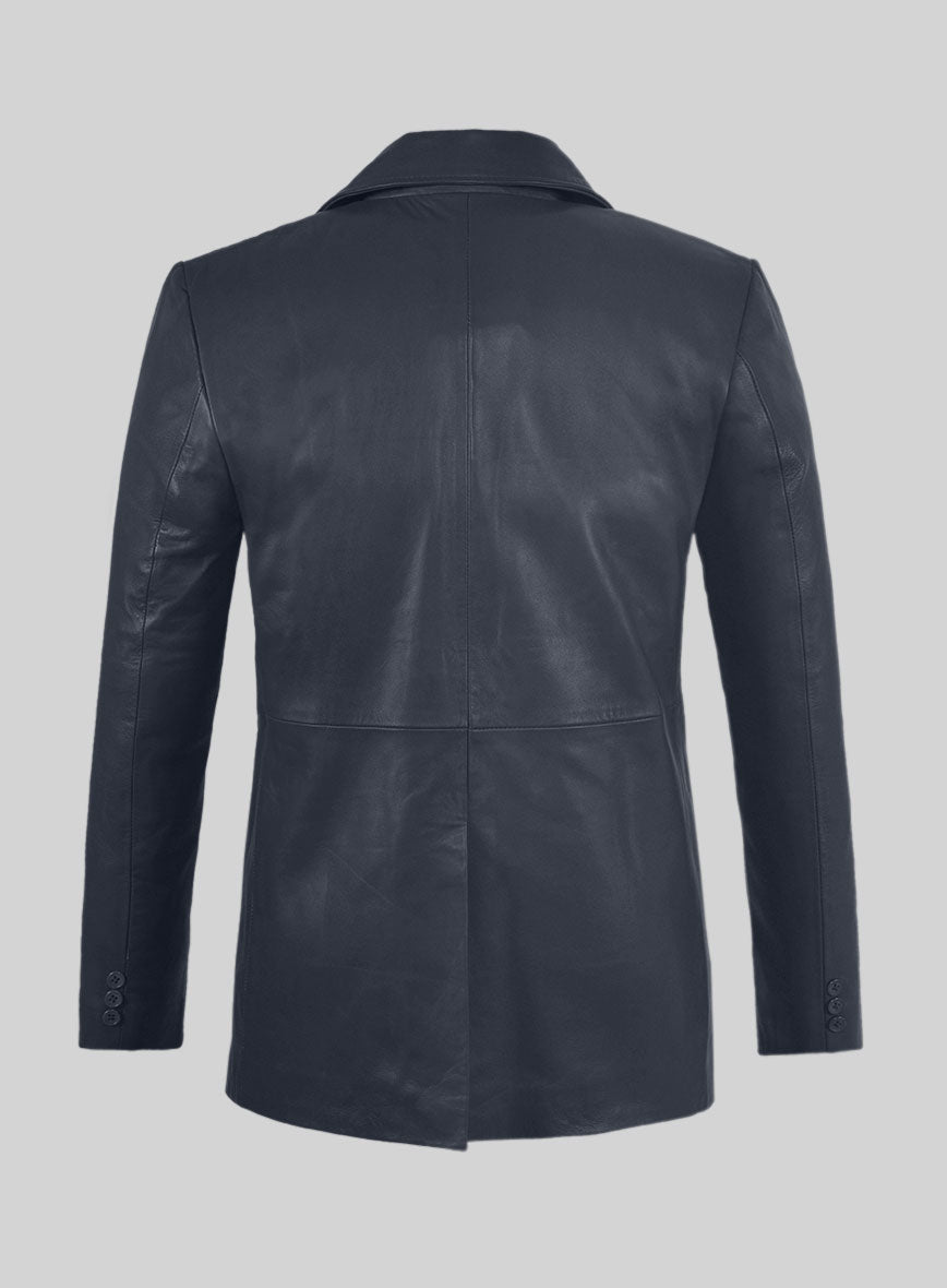 Soft Deep Blue Leather Pea Coat - StudioSuits