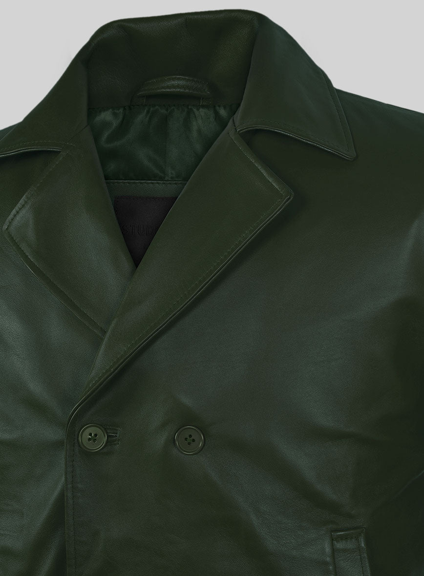 Soft Deep Olive Leather Pea Coat - StudioSuits