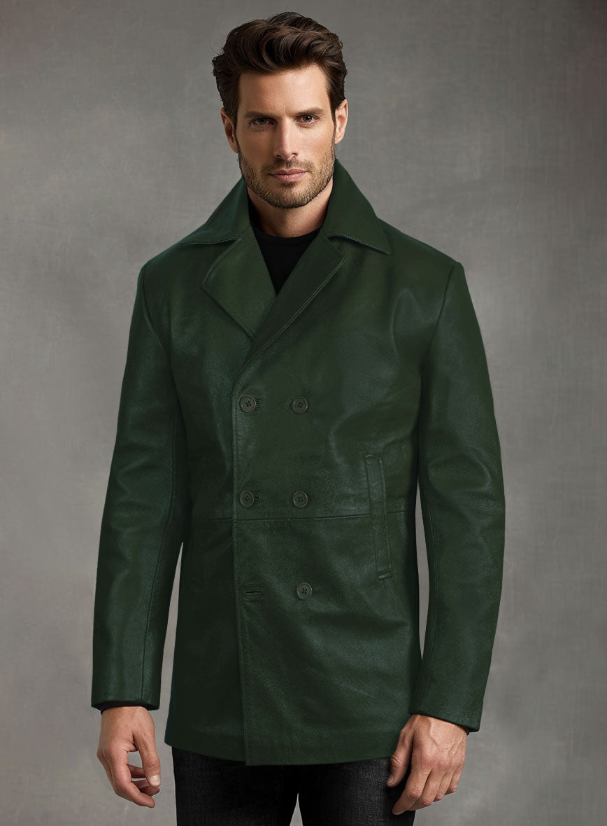 Soft Deep Olive Leather Pea Coat - StudioSuits