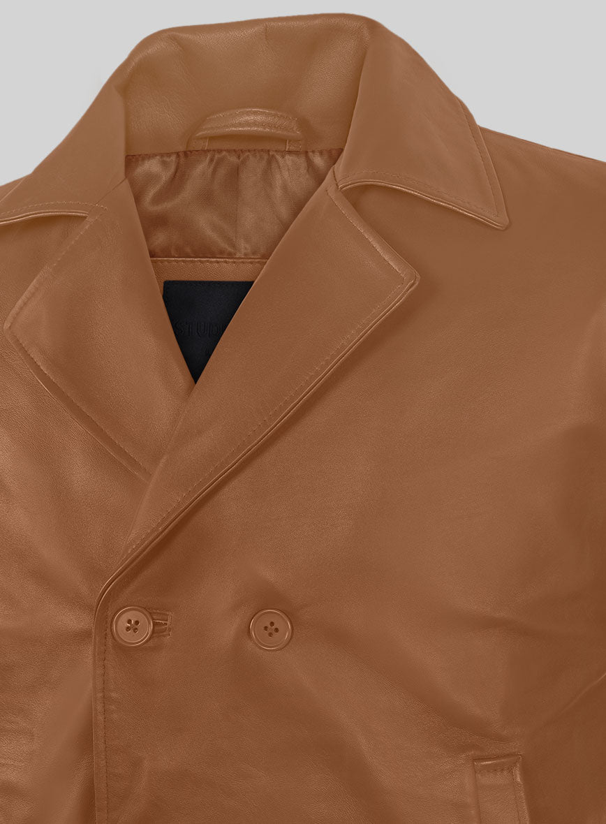 Soft Hunter Tan Leather Pea Coat - StudioSuits