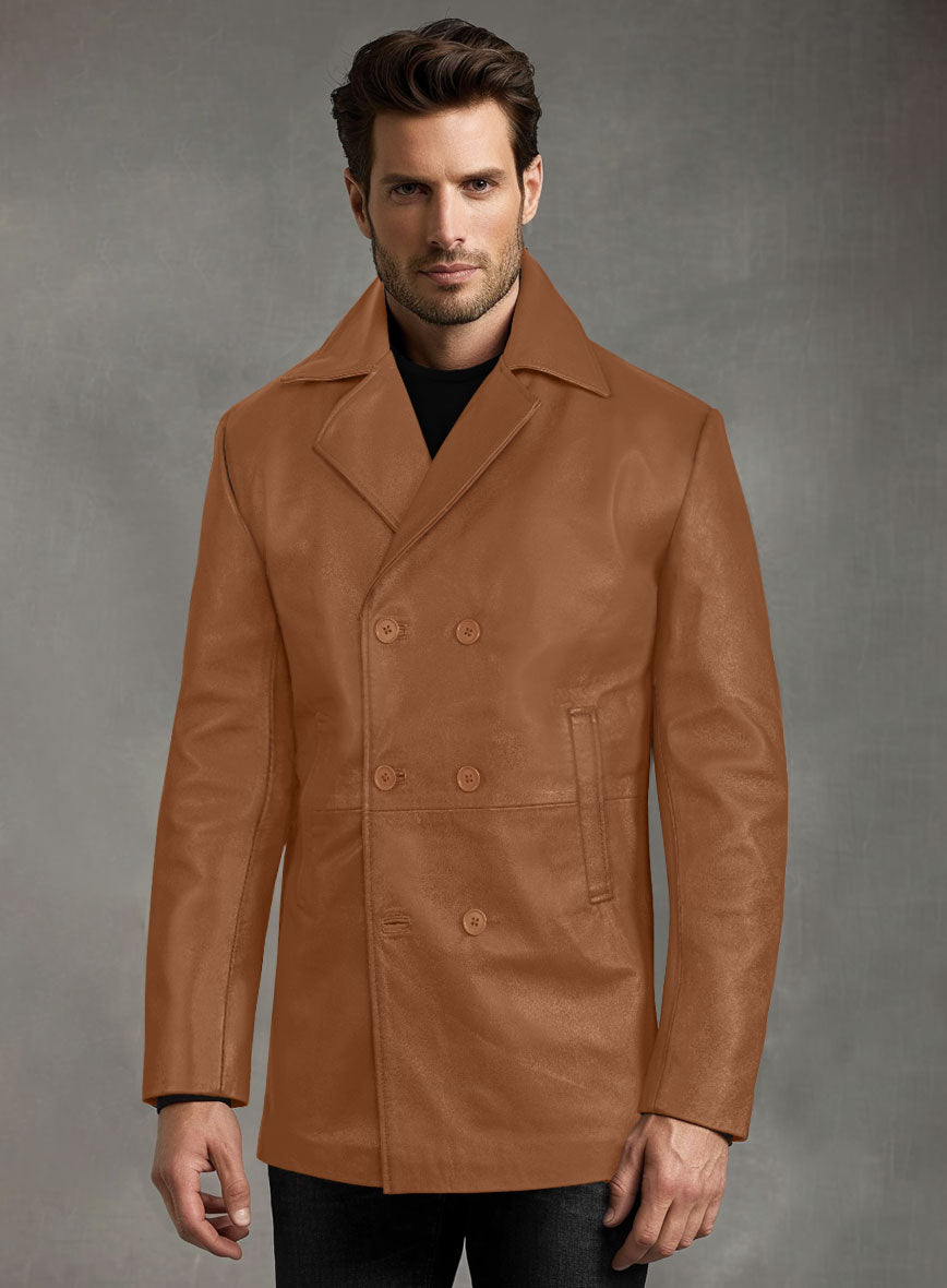 Soft Hunter Tan Leather Pea Coat - StudioSuits