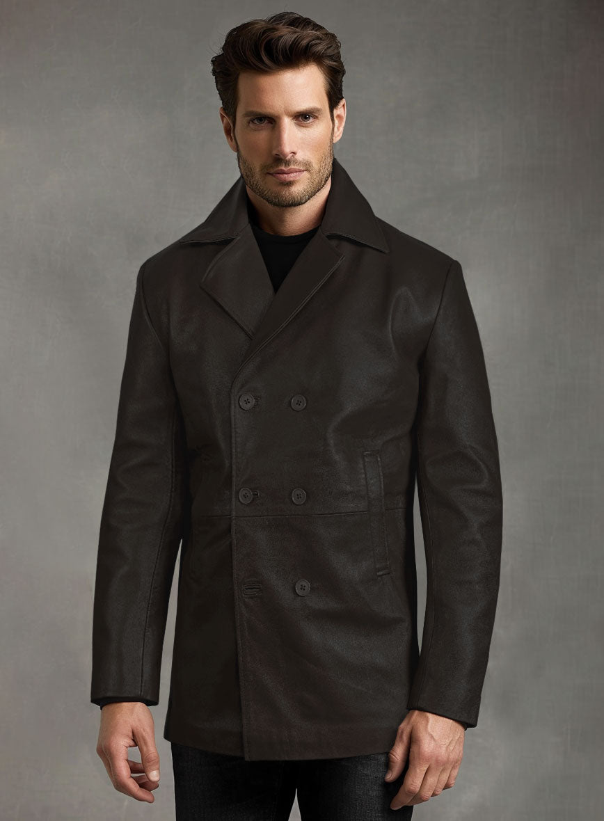 Soft Louis Brown Leather Pea Coat - StudioSuits