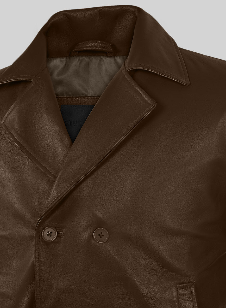 Soft Scottish Brown Leather Pea Coat - StudioSuits