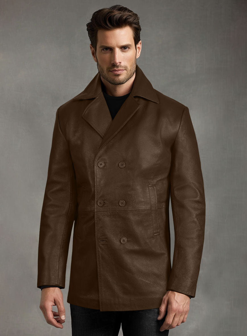 Soft Scottish Brown Leather Pea Coat - StudioSuits