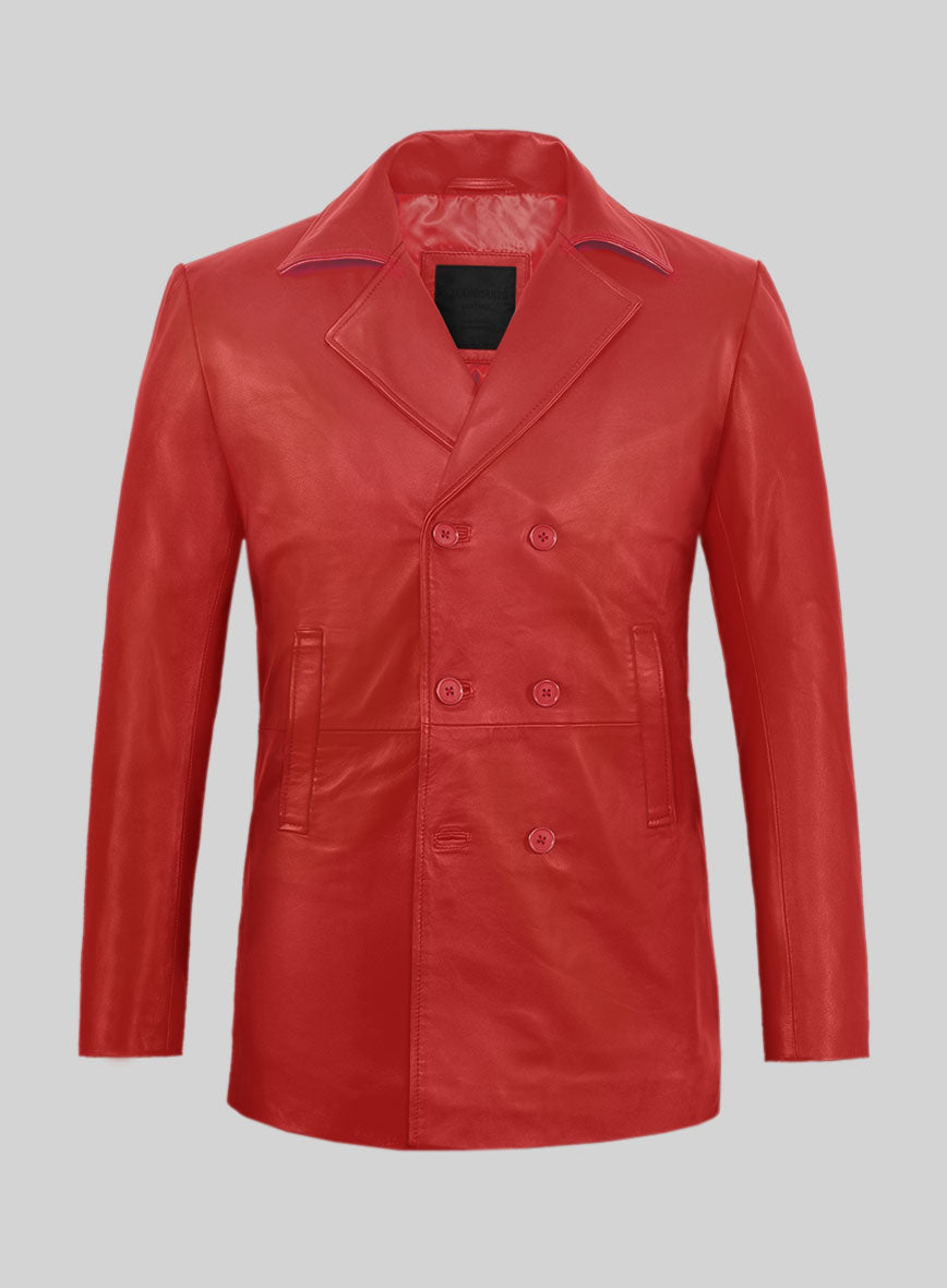 Soft Tango Red Leather Pea Coat - StudioSuits