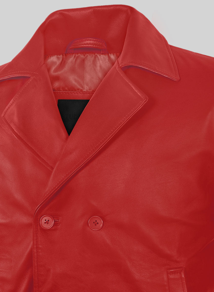 Soft Tango Red Leather Pea Coat - StudioSuits