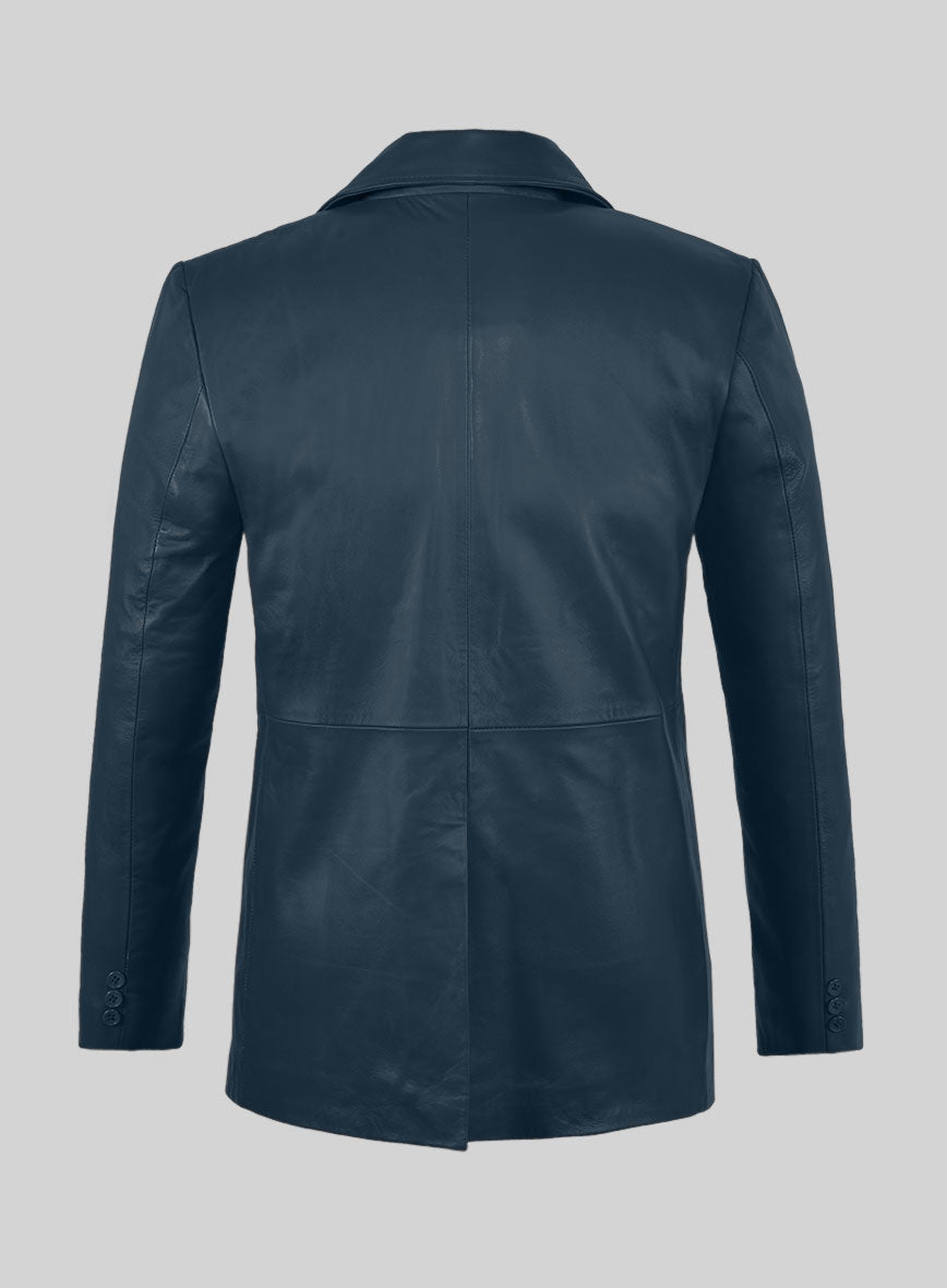 Soft Winsor Blue Leather Pea Coat - StudioSuits