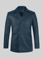Soft Winsor Blue Leather Pea Coat - StudioSuits