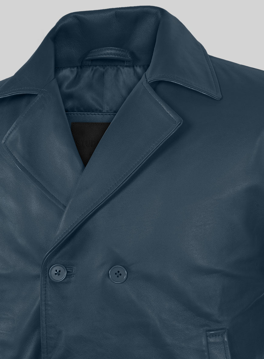 Soft Winsor Blue Leather Pea Coat - StudioSuits