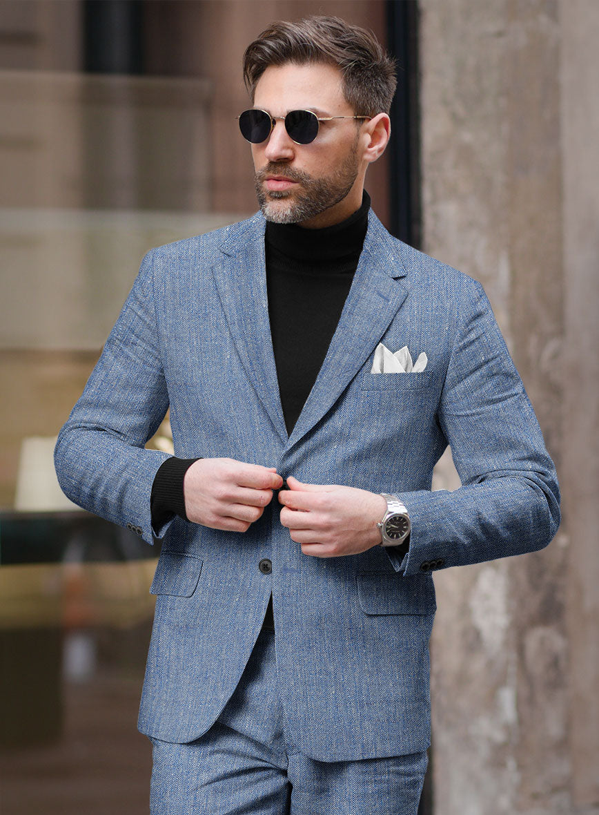 Solbiati Blue Herringbone Linen Jacket - StudioSuits