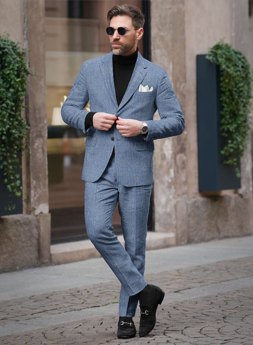 Solbiati Blue Herringbone Linen Suit - StudioSuits