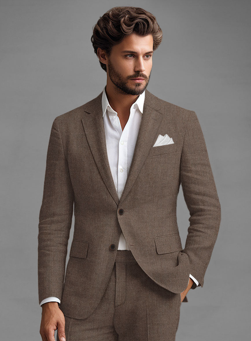 Solbiati Dark Brown Herringbone Linen Jacket - StudioSuits