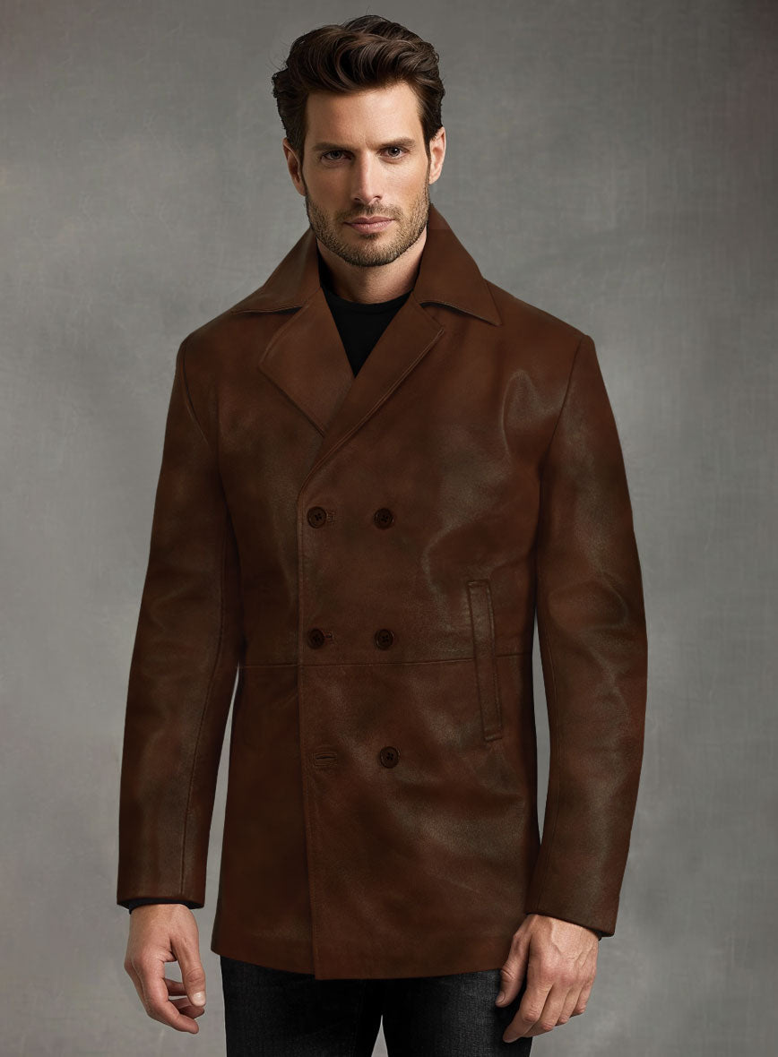 Spanish Brown Leather Pea Coat - StudioSuits