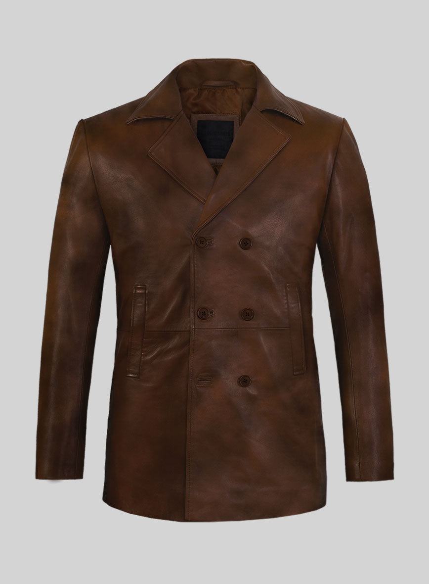 Spanish Brown Leather Pea Coat - StudioSuits