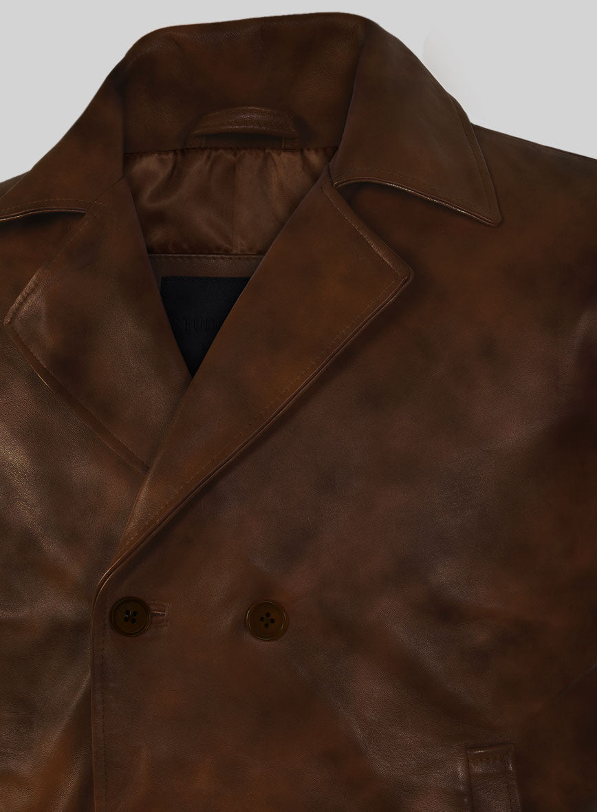 Spanish Brown Leather Pea Coat - StudioSuits