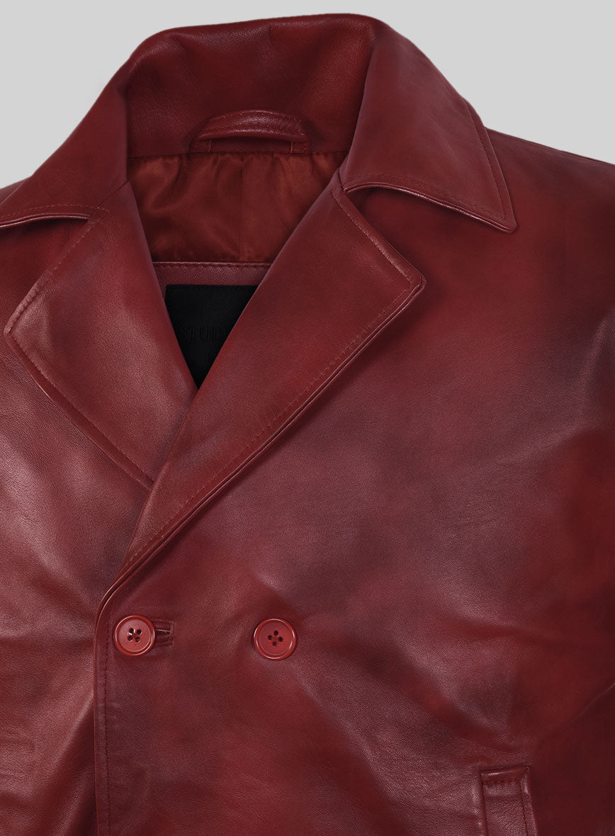 Spanish Red Leather Pea Coat - StudioSuits