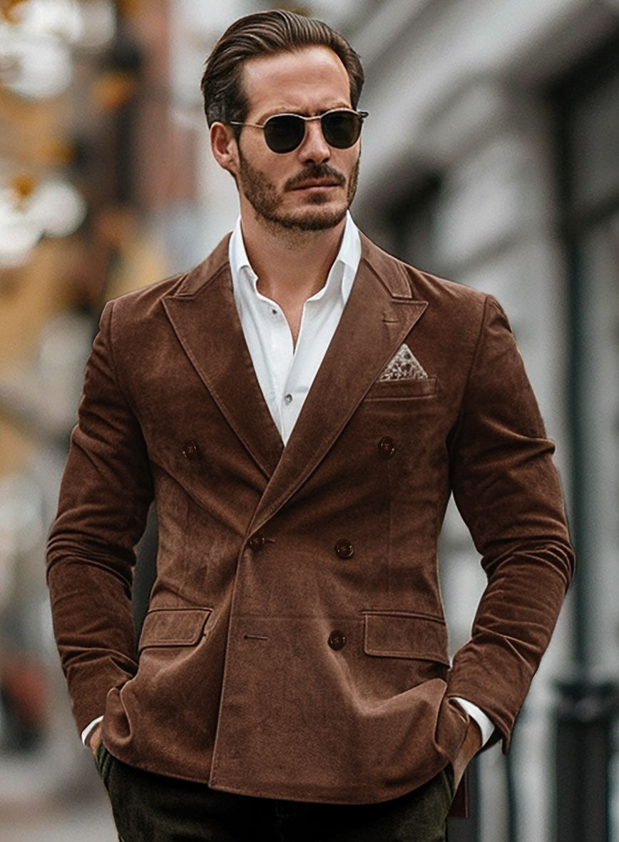 Tan Brown Suede Double Breasted Blazer - StudioSuits