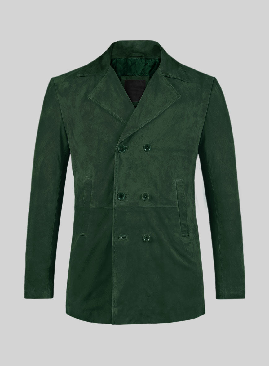 Timber Green Suede Leather Pea Coat - StudioSuits