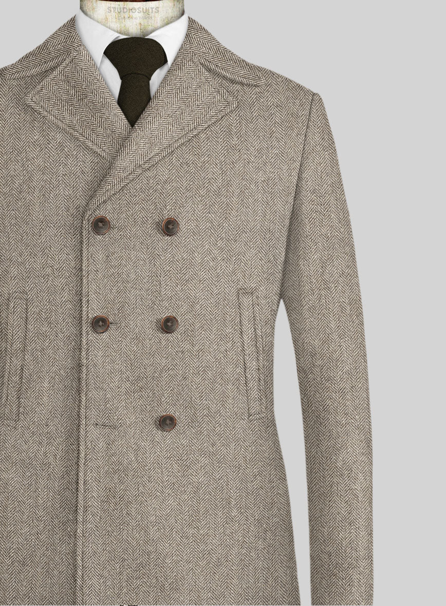 Vintage Herringbone Brown Tweed Pea Coat - StudioSuits