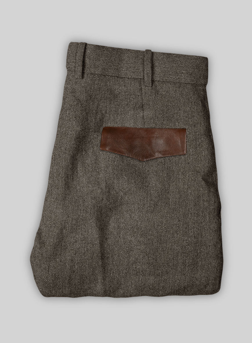 Vintage Dark Brown Herringbone Tweed Pants - Leather Trims - StudioSuits