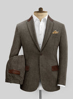 Vintage Dark Brown Herringbone Tweed Suit - Leather Trims - StudioSuits