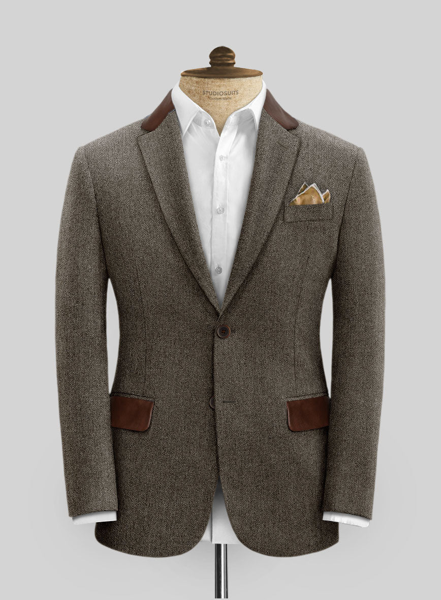 Vintage Dark Brown Herringbone Tweed Suit - Leather Trims - StudioSuits