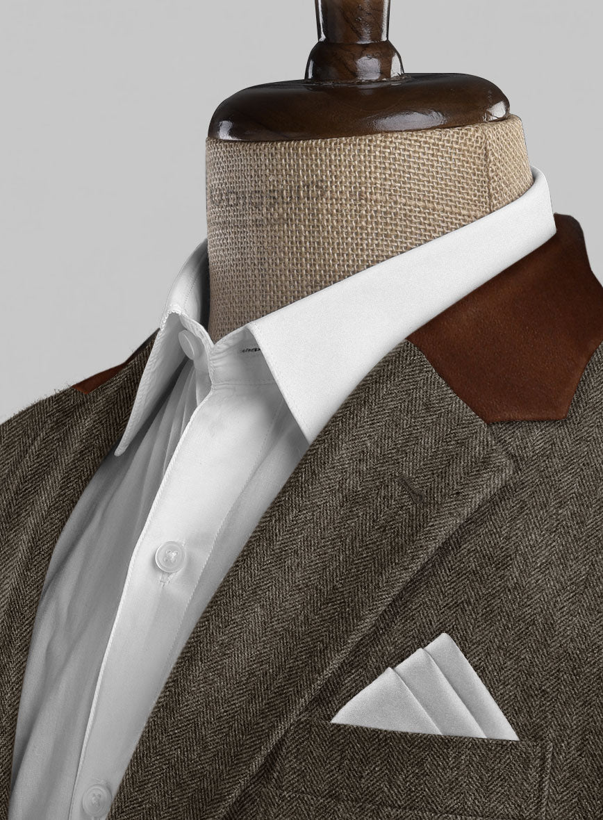 Vintage Dark Brown Herringbone Tweed Suit - Leather Trims - StudioSuits