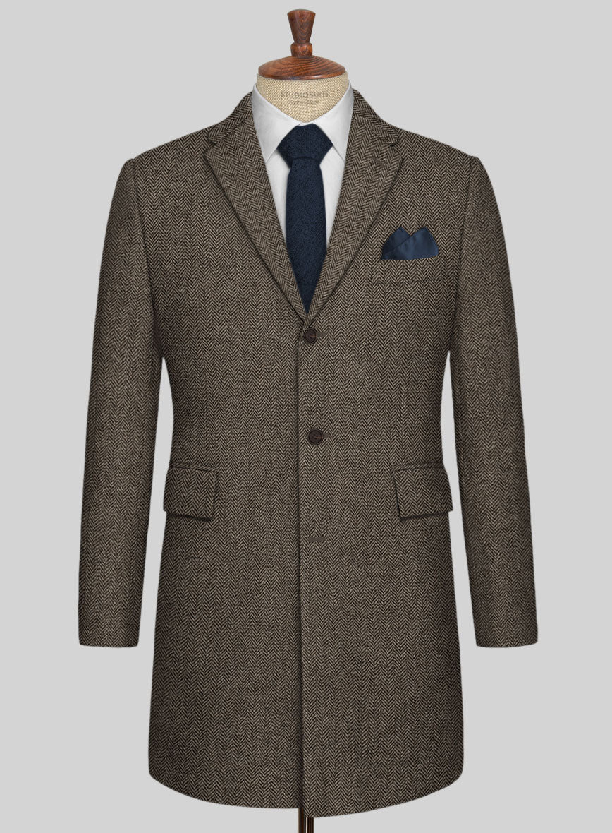 Vintage Dark Brown Herringbone Tweed Overcoat - StudioSuits