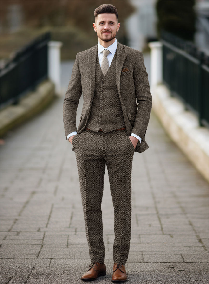 Vintage Dark Brown Herringbone Tweed Suit - StudioSuits