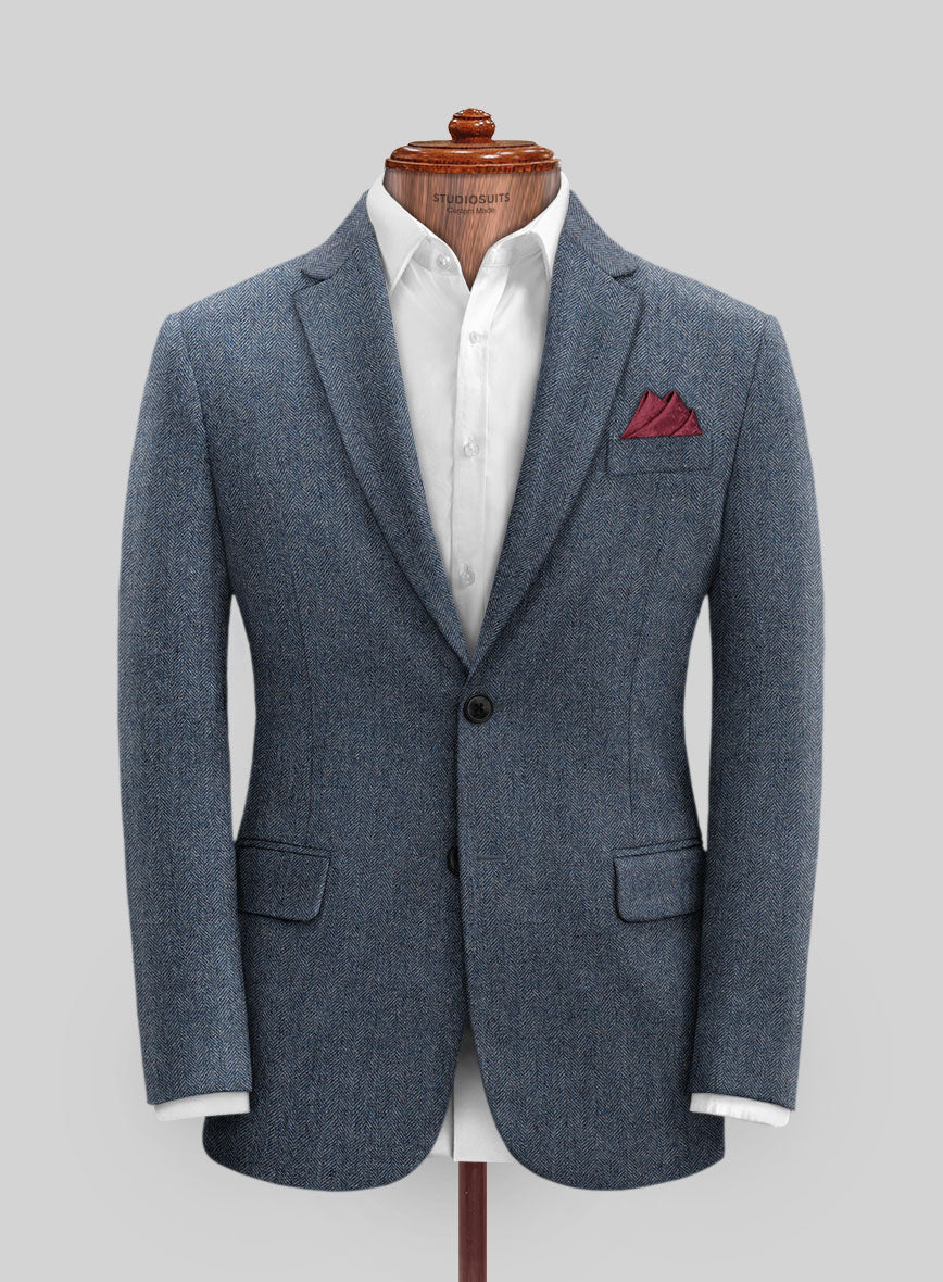 Vintage Herringbone Blue Tweed Jacket - StudioSuits