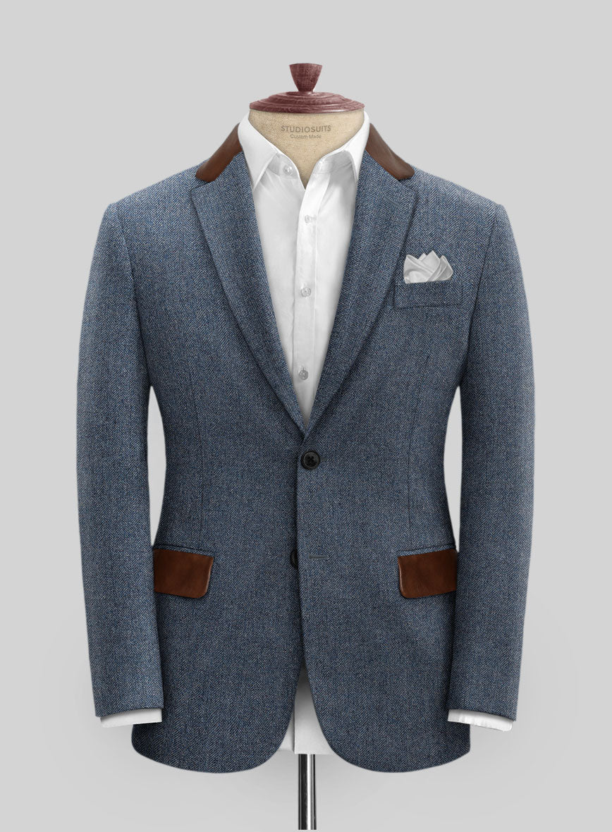 Vintage Herringbone Blue Tweed Jacket - Leather Trims - StudioSuits