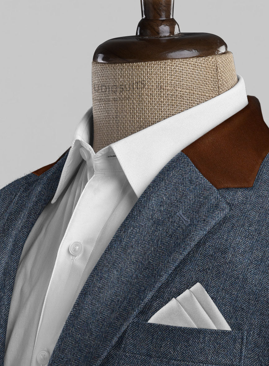 Vintage Herringbone Blue Tweed Jacket - Leather Trims - StudioSuits