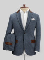 Vintage Herringbone Blue Tweed Suit - Leather Trims - StudioSuits